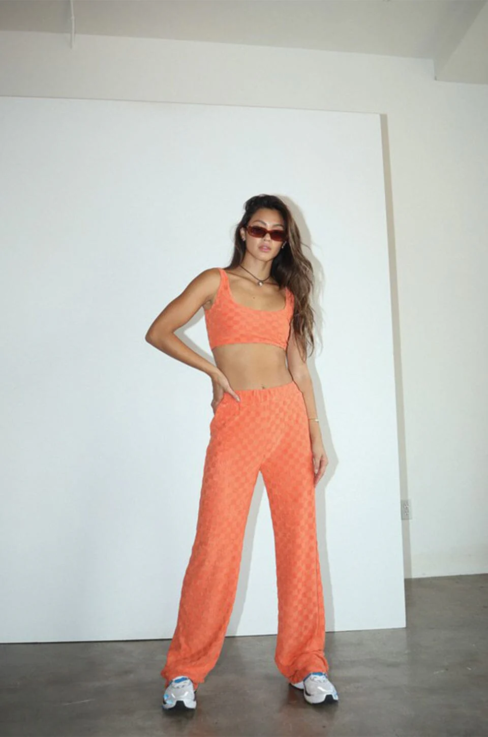Checkered Terry Knit Crop Tank - Tangerine - Image 3