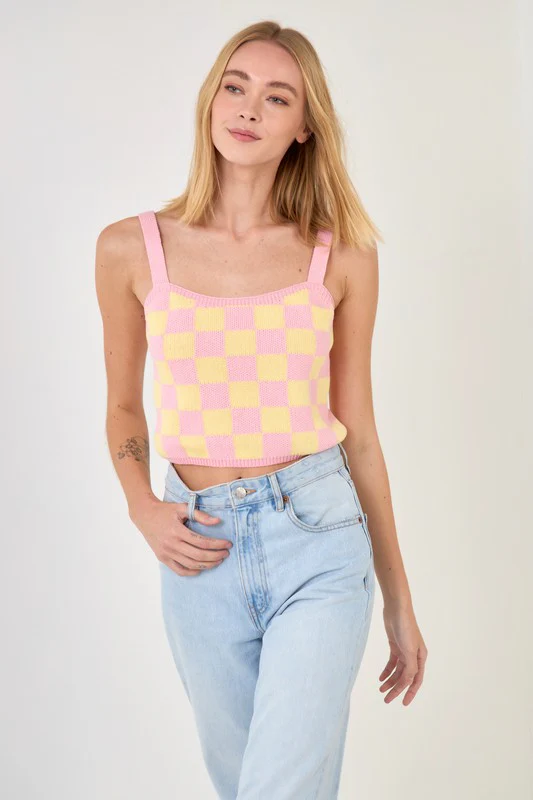 KEEP IT IN CHECK KNIT CROP CAMI | PINK/YELLOW - Image 3