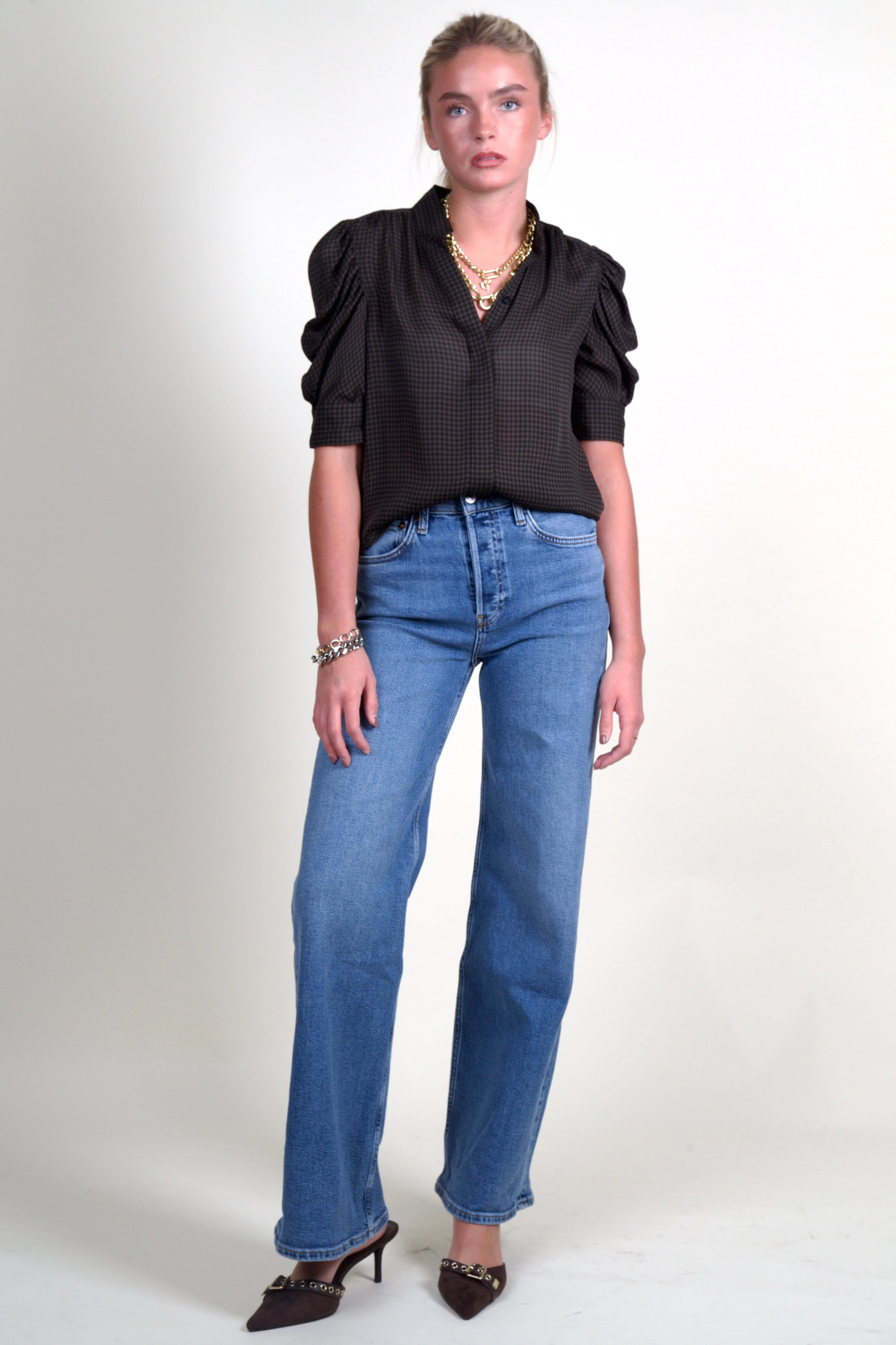 FRAME | The Houndstooth Gillian Top - Americano - Image 3